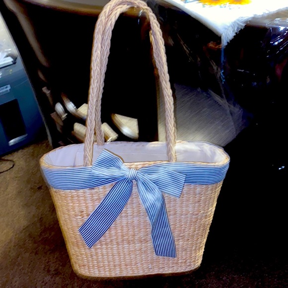 Adorable light tan straw purse with large striped bowPERFECT EASTER BAG - Picture 1 of 7